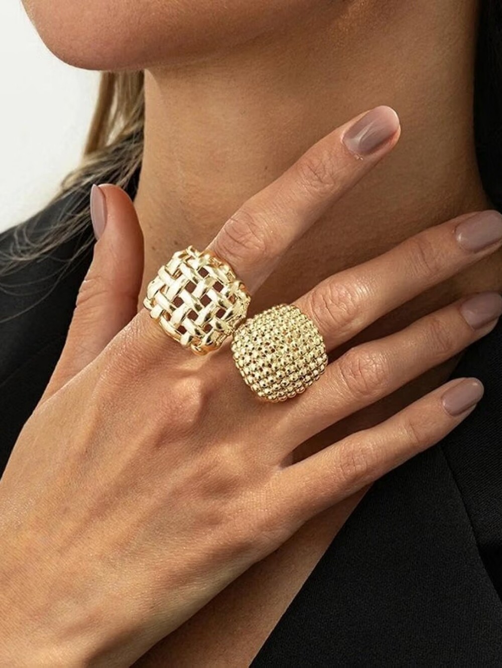 2Pcs Gold Chunky Openwork Ring Set Stackable Square Woven Beaded Textured Open
